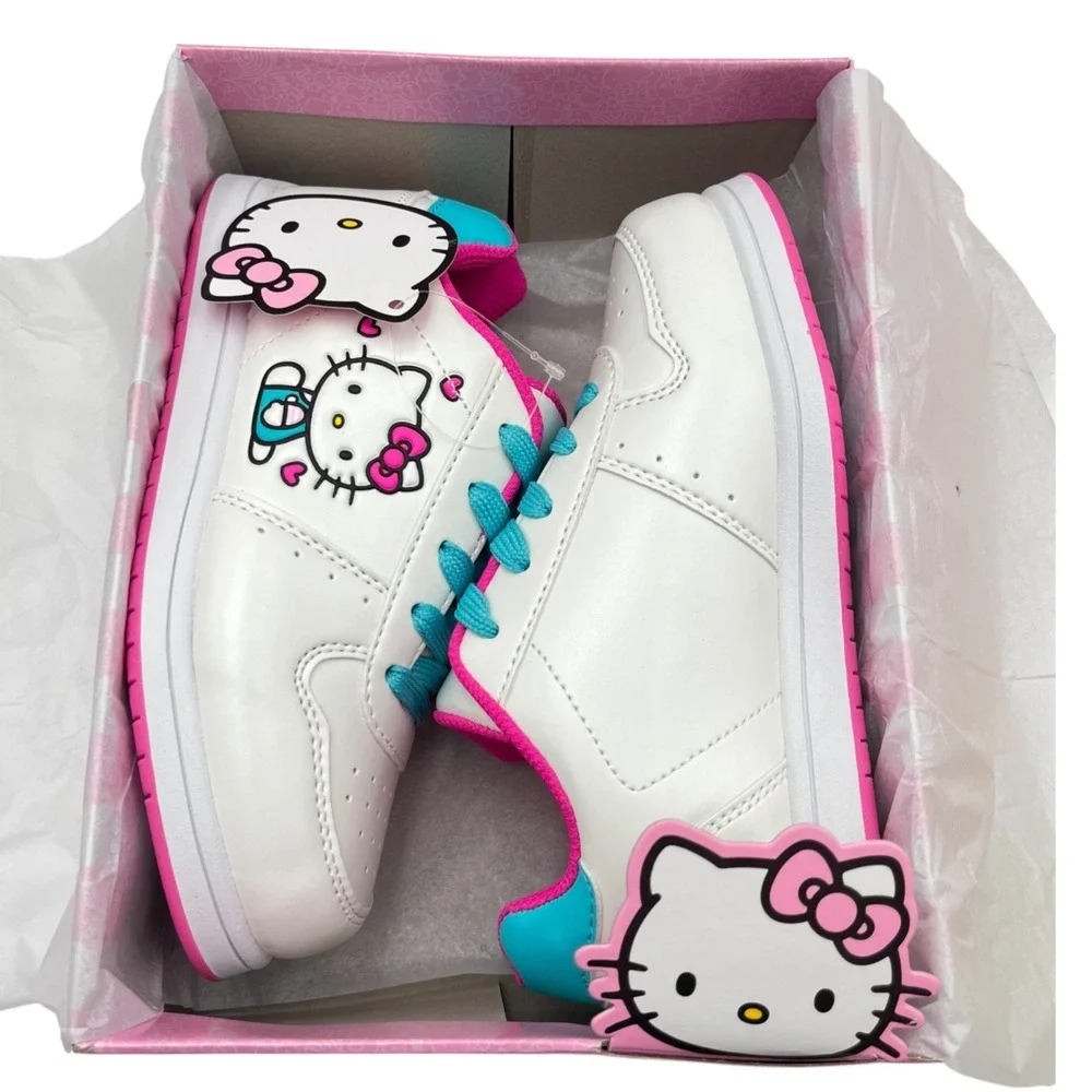 Hello Kitty Youth Big Girls Court Sneakers Size 3 White Aqua Pink Casual Lace-Up